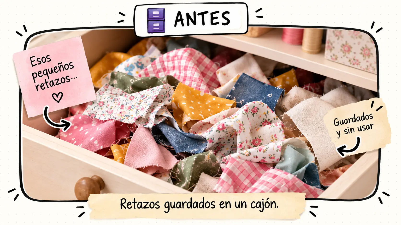 Retazos de tela guardados en un cajón